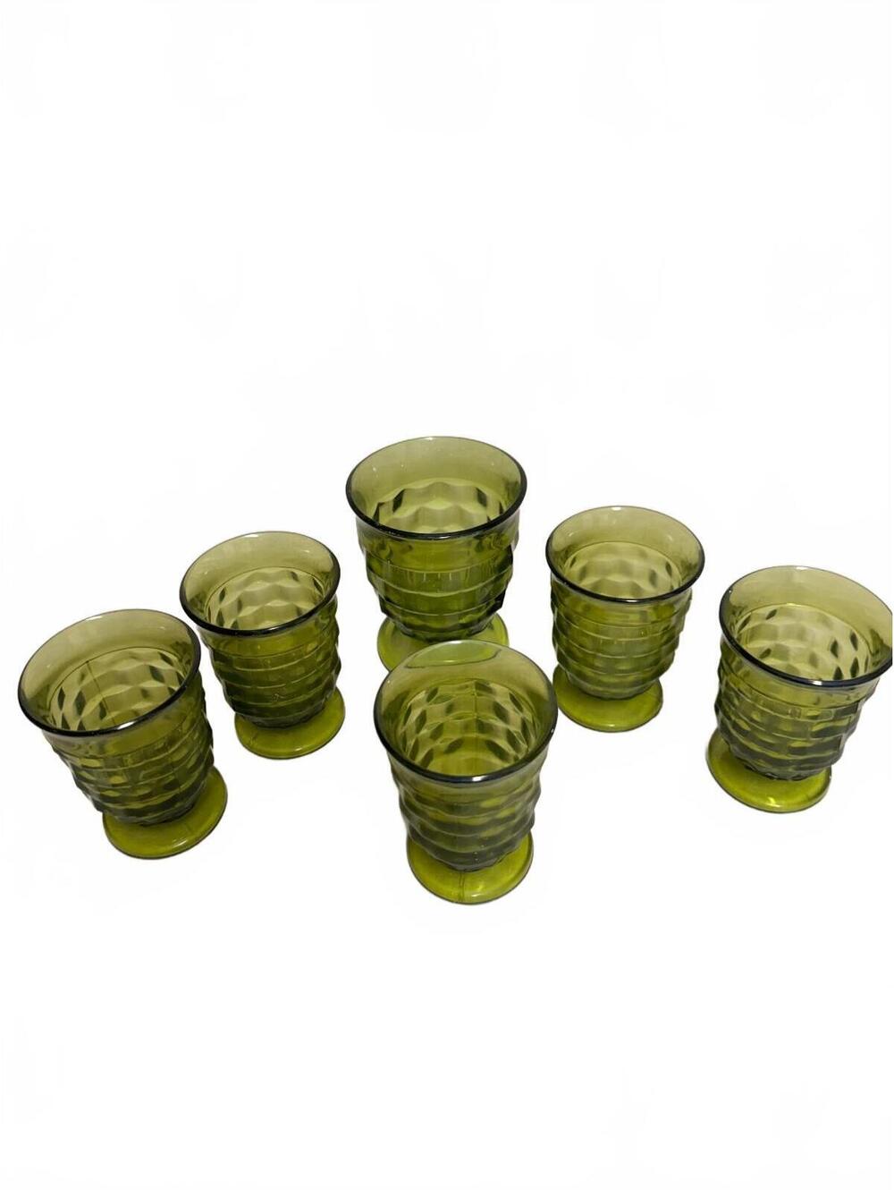 Vintage Olive Green Thumbprint Footed Tumblers Set of 6 Glass Juice Cups 4"